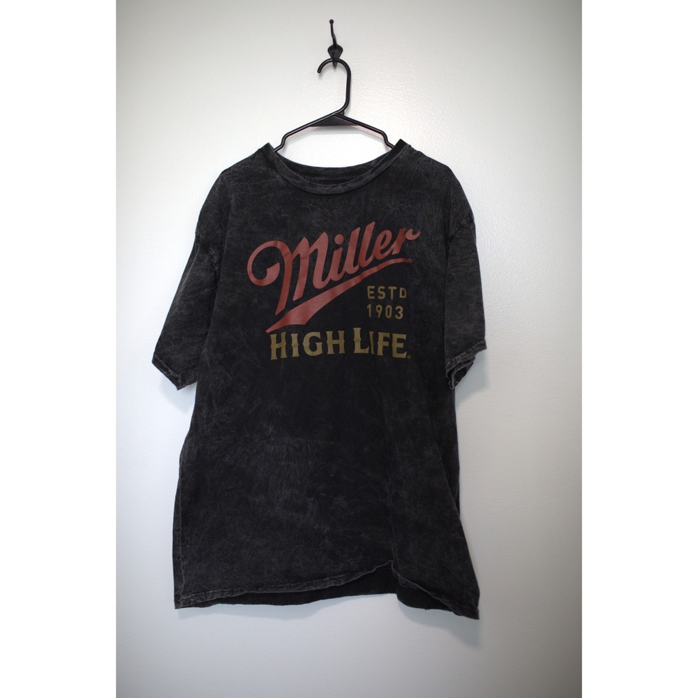 Miller High Life Beer Graphic T-Shirt Mens Large Black Acid Wash ESTD 1903 Tee